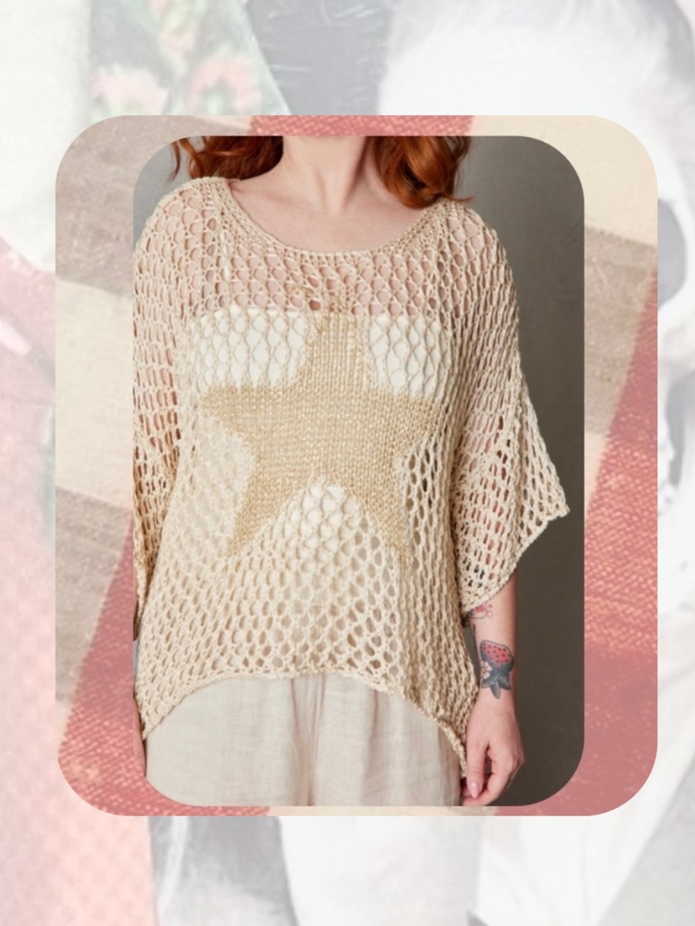 (one size) πnwtπ ivory & metallic gold high-low crochet star sweater